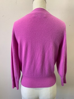 Womens, Sweater, ALLUDE, Lilac Purple, Cashmere, Solid, S, 3 White Button Front, V-neck, Ribbed Knit Waistband/Cuff, 3/4 Sleeve