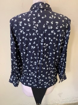 Womens, Top, SIGNATURE, Navy Blue, White, Silk, Spandex, Floral, L, Blousey, Long Sleeves, Button Front, 8 Buttons, 2 Added Snaps, Back Box Pleat, Crotch Snaps Alteration