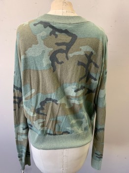 Womens, Cardigan Sweater, SANCTUARY, Sea Foam Green, Sage Green, Lt Brown, Dk Gray, Cotton, Nylon, Camouflage, XS, V-neck, Long Sleeves, Faded Camouflage