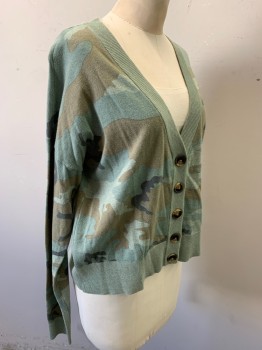 Womens, Sweater, SANCTUARY, Sea Foam Green, Sage Green, Lt Brown, Dk Gray, Cotton, Nylon, Camouflage, XS, V-neck, Long Sleeves, Faded Camouflage