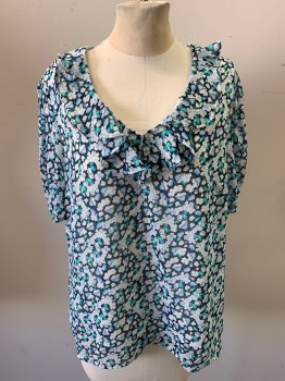 Womens, Top, KARL LAGERFIELD , Black, White, Lt Blue, Blue, Green, Polyester, Floral, M, PARIS, Short Sleeves, Pullover, Ruffle at Neck, Crinkle Chiffon, Lined