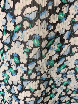 Womens, Top, KARL LAGERFIELD , Black, White, Lt Blue, Blue, Green, Polyester, Floral, M, PARIS, Short Sleeves, Pullover, Ruffle at Neck, Crinkle Chiffon, Lined