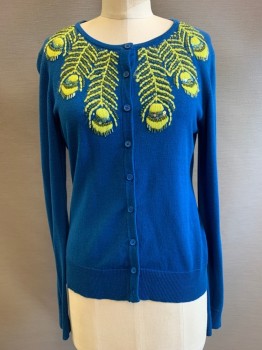 Womens, Cardigan Sweater, Tabitha, Blue, Lime Green, Cotton, Leaves/Vines , M, L/S, Crew Neck, Button Front, Embroiderred and Beaded Details