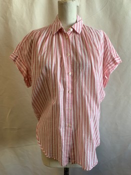 Womens, Top, MADEWELL, Dusty Red, White, Cotton, Stripes, XS, Button Front, Collar Attached, Cap Sleeve, Rounded Hem Up Into Side Slits, Gathered at Shoulder Seams, Center Back Slit