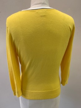 Womens, Sweater, HALOGEN, Sunflower Yellow, Viscose, Nylon, Solid, S, L/S, White and Black Trim on Crew Neck and Placket, White Buttons