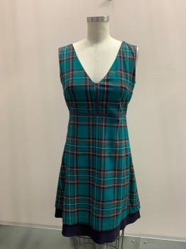 DEBRA MC GUIRE, Emerald Green, Red, Navy Blue, Wool, Acetate, Plaid, V-N, Slvls, Side Zip, Button At Back Neck, Grosgrain Ribbon Waistband Applique, Pleats At Back Waist, Black Gussets On Sides And Added At Hem