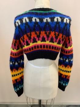 Womens, Sweater, H&M, Black, White, Blue, Indigo Blue, Orange, Acrylic, Mohair, Abstract , 6, Divided, V-N, Single Breasted, B.F, Cropped