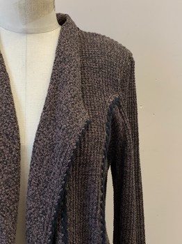 Womens, Sweater, NIC & ZOE, Lt Brown, Black, Cotton, Nylon, 2 Color Weave, M, L/S, Open Front, Black Piping