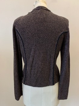 Womens, Sweater, NIC & ZOE, Lt Brown, Black, Cotton, Nylon, 2 Color Weave, M, L/S, Open Front, Black Piping