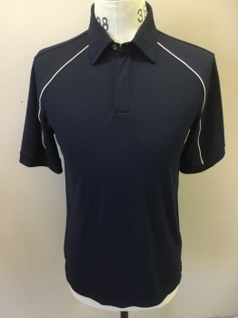 BOBBY JONES, Navy Blue, White, Nylon, Polyester, Solid, Navy, Collar Attached, Whit Piping Raglan Short Sleeves,3 Hidden Button Front