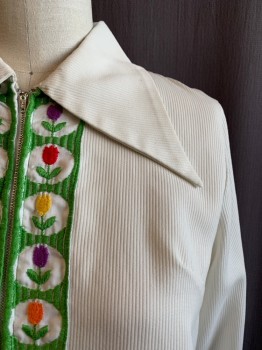 TRILLIUM, White, Multi-color, Polyester, Solid, Floral, C.A., Zip Front, L/S, 2 Pockets, 2 Green Stripes Down Sides of Zipper with Red, Orange, Purple, and Yellow Tulips