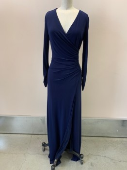 Womens, Evening Gown, LAUNDRY, Navy Blue, Polyester, Spandex, Solid, B34, 2, W26, Full Length, L/S, Rouching At Wrists, Surplice Neckline Rouched To Beaded Bar Left Waist, Side Slit Skirt, Back Zipper,