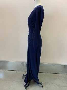 Womens, Evening Gown, LAUNDRY, Navy Blue, Polyester, Spandex, Solid, B34, 2, W26, Full Length, L/S, Rouching At Wrists, Surplice Neckline Rouched To Beaded Bar Left Waist, Side Slit Skirt, Back Zipper,