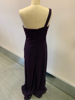 Womens, Evening Gown, DANCING QUEEN, Plum Purple, Polyester, Solid, L, Sweetheart Neck, One Shoulder Gathering, Silver Appliqué, Draped At Waist, Zipper At Back, No More Scarf