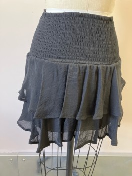 NL, Black, Polyester. Smocked Waist, 2 Tiered Self Ruffled Mini Skirt,