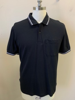 FRED PERRY, Black, Cotton, Solid, Short Sleeves, Pique, Collar & Hem of Sleeve Has White & Gray Stripe, Added Pocket