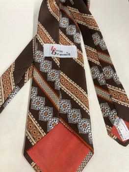 BEAU BRUMMELL, Dk Brown, White, Beige, Orange, Polyester, Stripes - Diagonal , Mosaic Pattern, Four In Hand