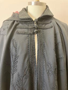 MTO, Black, Synthetic, Hooded. Attached Capelet, Velvet C.A., Vine/Leaf Embroidery, Cording, Trim, Frog Knot Closure, Floor Length Hem