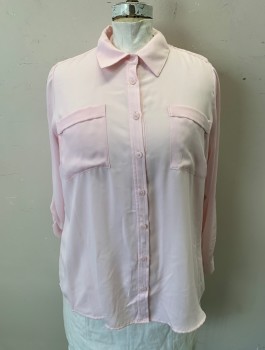Womens, Blouse, COVINGTON, Lt Pink, Polyester, Solid, 2X, Chiffon, Long Sleeves, Button Front, Collar Attached, 2 Patch Pockets