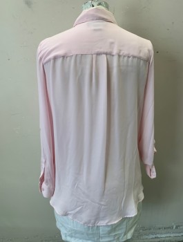 COVINGTON, Lt Pink, Polyester, Solid, Chiffon, Long Sleeves, Button Front, Collar Attached, 2 Patch Pockets
