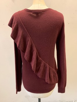 Womens, Pullover Sweater, AUTUMN CASHMERE, Plum Purple, Cashmere, Solid, XS, Knit, Long Sleeves, Diagonal Ruffle From Shoulder to Hem, Scoop Neck