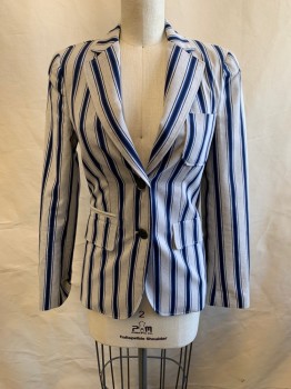 Womens, Blazer, BROOKS BROTHERS, Gray, Blue, Black, Poly/Cotton, Stripes - Vertical , 0, Notched Lapel, Single Breasted, Button Front, 2 Buttons, 3 Pockets, Marker Stain on Elbow