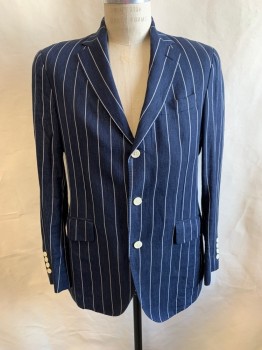 Mens, Sportcoat/Blazer, HACKETT LONDON, Navy Blue, White, Rayon, Stripes - Vertical , 40R, Notched Lapel, Single Breasted, Button Front, 3 Buttons, 3 Pockets