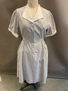 EDWARDS, Dk Gray, White, Poly/Cotton, Stripes - Vertical , C.A., White Collar & Cuffs, Button Front, S/S, Self Belt, Side Pockets, Hem Below Knee, Stained On Left Cuffs & Collar