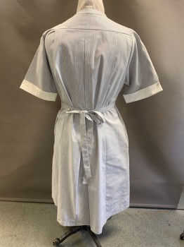 EDWARDS, Dk Gray, White, Poly/Cotton, Stripes - Vertical , C.A., White Collar & Cuffs, Button Front, S/S, Self Belt, Side Pockets, Hem Below Knee, Stained On Left Cuffs & Collar