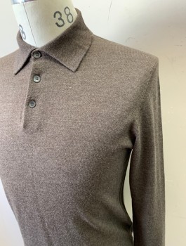 Mens, Pullover Sweater, JOSEPH & LYMAN, Dusty Brown, Wool, Solid, M, Polo Sweater, Knit, Long Sleeves, Collar Attached, 3 Button Placket