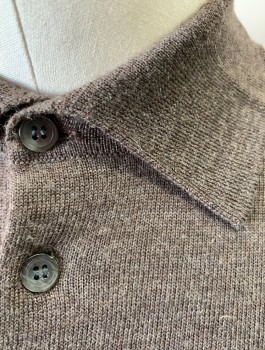 Mens, Pullover Sweater, JOSEPH & LYMAN, Dusty Brown, Wool, Solid, M, Polo Sweater, Knit, Long Sleeves, Collar Attached, 3 Button Placket