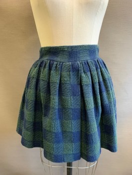 Womens, Skirt, Mini, FREE PEOPLE, Navy Blue, Dk Green, Cotton, Polyester, Check , M, Coarse Fabric, 2" Wide Waistband, Gathered, 2 Welt Pockets At Side, Navy Jersey Lining Inside