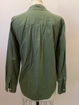 GAP, Olive Green, Cotton, Solid, L/S, Button Front, Collar Attached, Chest Pocket