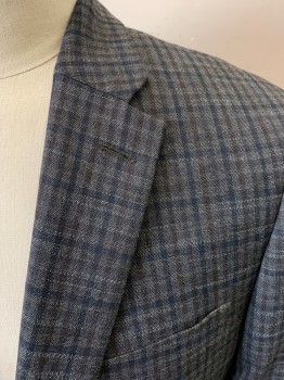 Mens, Sportcoat/Blazer, TOMMY HILFIGER, Gray, Navy Blue, Brown, Polyester, Viscose, Check , 42R, Single Breasted, 2 Buttons, Notched Lapel, 3 Pockets, 2 Back Vents,