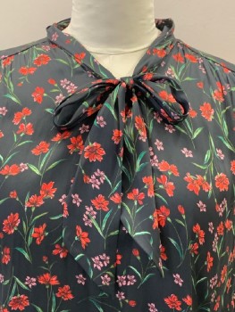 BANANA REPUBLIC, Black, Red, Green, Polyester, Floral, S/S,  Tie Neck,  Roche Detail,  Pullover