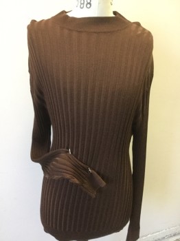 Mens, Pullover Sweater, PRESTIGE, Dk Brown, Rayon, Cotton, Solid, M, Dark Brown Ribbed, 2" Trim Round Neck,  , Long Sleeves,