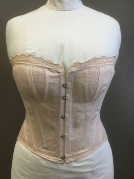 Womens, Historical Fiction Corset, COSPROP, Lt Pink, Cream, Cotton, Polka Dots, W33-34, B38-40, Tiny Self Cream Polka Dots, Light Pink Eyelet Lace Trim, Spoon Busk Center Front, Lace Up Back, Spiral Steel Bones,