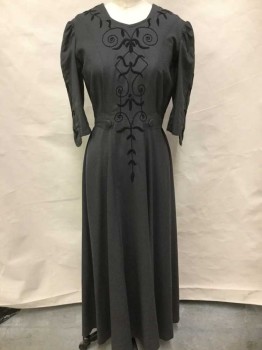 MTO, Dk Gray, Black, Wool, Floral, Made To Order, Wool Gabardine, Center Front and Short Sleeves Have Floral Hand Embroidery In Black, Side Faux Waist Belt Detail with Buttons, Round Neck, Hook & Bars Center Back,