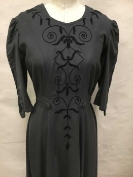 MTO, Dk Gray, Black, Wool, Floral, Made To Order, Wool Gabardine, Center Front and Short Sleeves Have Floral Hand Embroidery In Black, Side Faux Waist Belt Detail with Buttons, Round Neck, Hook & Bars Center Back,