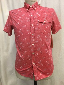 ALTRU, Red, White, Heathered, Novelty Pattern, Heather Red, White Skateboard Print, Button Front, Button Down Collar, Short Sleeves,