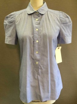 J Crew, Blue, Cotton, Heathered, Henley Style, Rounded Collar Attached, Puffy Short Sleeve,