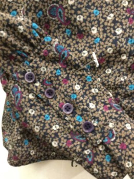 OLEG CASSINI, Black, Lt Brown, Turquoise Blue, Maroon Red, Tan Brown, Polyester, Floral, Paisley/Swirls, Black W/light Brown, Turquoise, Maroon, Tan Floral/paisley Print, Collar Attached, Gathered Yoke, Button Front, Long Sleeves W/4 Buttons Cuffs, 1980's