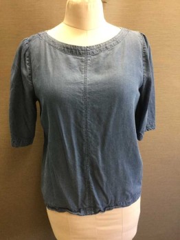 BANANA REPUBLIC, Denim Blue, Cotton, Solid, Pullover, S/S, Boat Neck, CF Seam, Gathered Sleeves