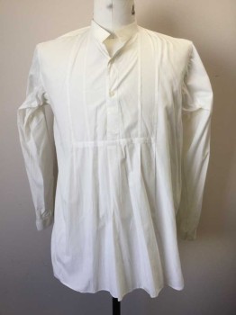 N/L, White, Cotton, Solid, Long Sleeve, 2 Button Front, Band Collar,  Pleated Detail at Center Front on Either Side of Button Placket, Made To Order Reproduction