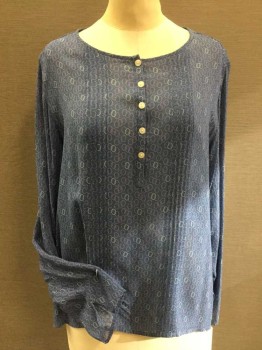 LIZ CLAIBORNE, Periwinkle Blue, Pink, Gray, Lt Blue, Silver, Rayon, Geometric, Periwinkle W/pin, Gray, Lt Blue, Silver Overlap Circle Print, Round Neck,  Vertical Pleat Front, 5 Button Front, Pullover, Side Split Bottom, Long Sleeves,