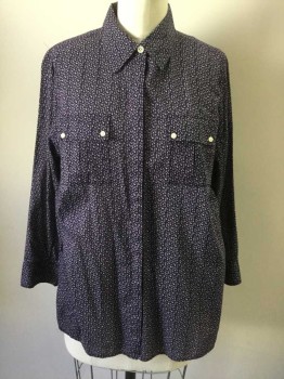 Womens, Blouse, BANANA REPUBLIC, Dk Purple, Teal Green, Lavender Purple, Cotton, Floral, M, Small Floral Print, Button Front, Collar Attached, 2 Flap Pockets, Long Sleeves,