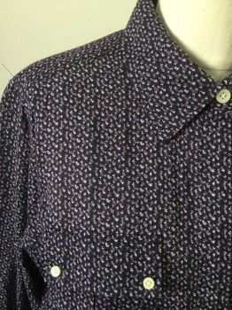 Womens, Blouse, BANANA REPUBLIC, Dk Purple, Teal Green, Lavender Purple, Cotton, Floral, M, Small Floral Print, Button Front, Collar Attached, 2 Flap Pockets, Long Sleeves,