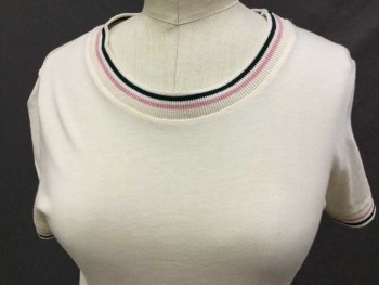 Womens, Top, STATESIDE, Cream, Black, Lt Pink, Modal, Cotton, Solid, Stripes - Horizontal , S, Cream with Knit Ribbed Cream W/black & Light Pink Crew Neck, Short Sleeves Cuff