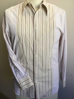 PERRY ELLIS PORTFOLI, Yellow, Teal Blue, Maroon Red, White, Baby Blue, Cotton, Polyester, Stripes - Vertical , Plaid, White W/fine Baby Blue, Brown, Tan Plaid, and Pale Yellow W/teal Blue, Maroon, Orange Vertical Stripes Panel Front Center, and Matching Long Sleeves Cuffs, Large Collar Attached, Button Front, Long Sleeves,
