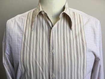 PERRY ELLIS PORTFOLI, Yellow, Teal Blue, Maroon Red, White, Baby Blue, Cotton, Polyester, Stripes - Vertical , Plaid, White W/fine Baby Blue, Brown, Tan Plaid, and Pale Yellow W/teal Blue, Maroon, Orange Vertical Stripes Panel Front Center, and Matching Long Sleeves Cuffs, Large Collar Attached, Button Front, Long Sleeves,